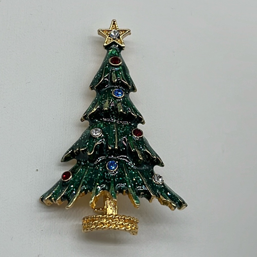 Vintage Eisenberg ice rhinestone green enamel gold tone Christmas tree brooch - Picture 5 of 10